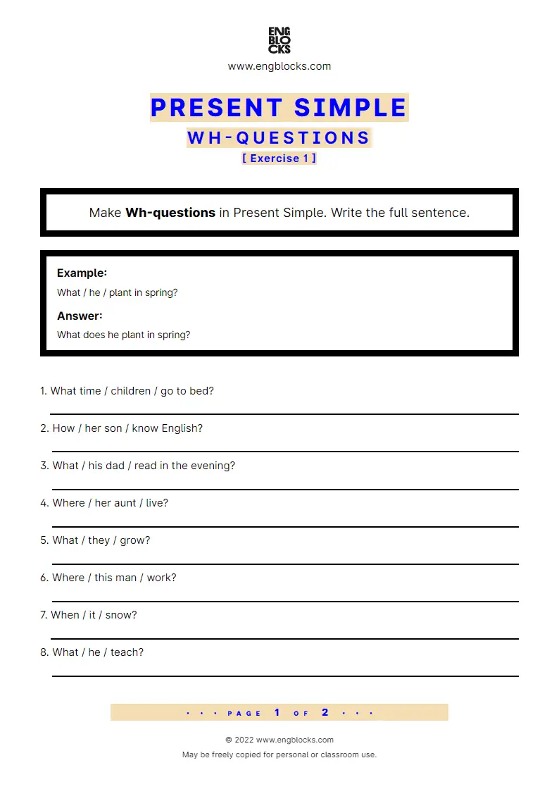 Simple Present Tense Wh Questions Worksheets Pdf