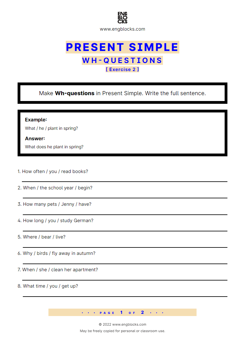 Grammar Worksheet: Present Simple — Wh-question — Exercise 2