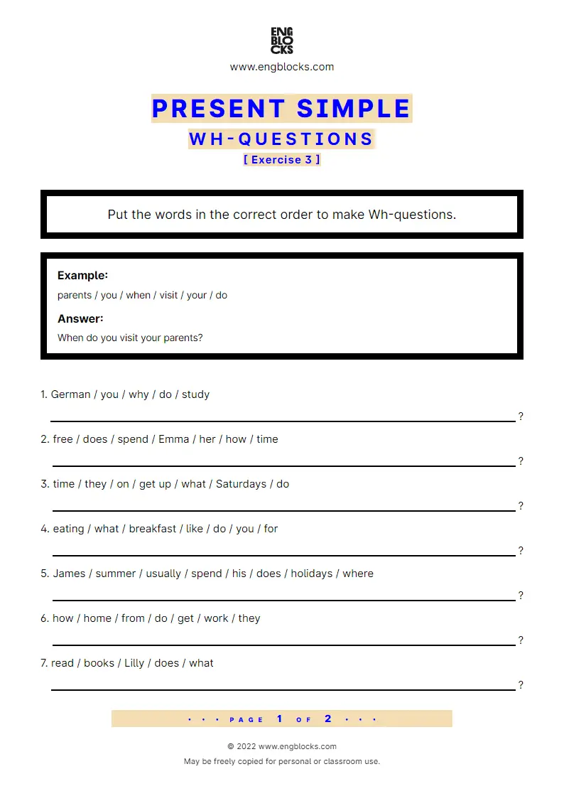 Grammar Worksheet: Present Simple — Wh-question — Exercise 3