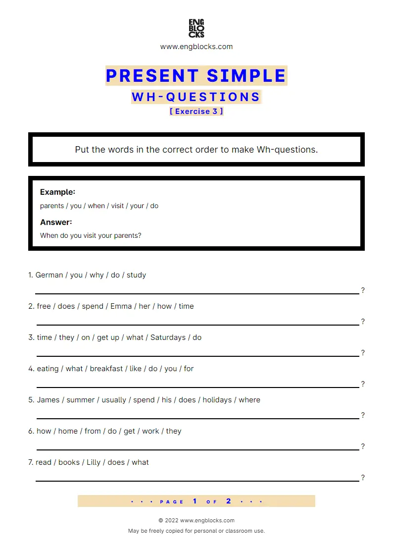 present simple wh question exercise 3 worksheet english grammar