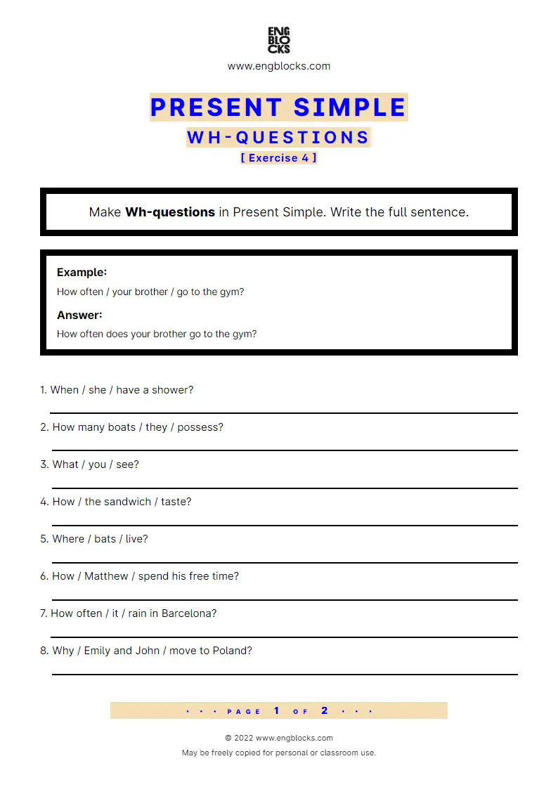Grammar Worksheet: Present Simple — Wh-question — Exercise 4