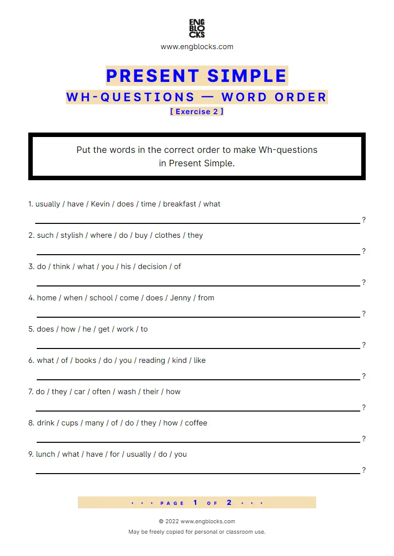 Grammar Worksheet: Present Simple — Wh-question — Word order — Exercise 2