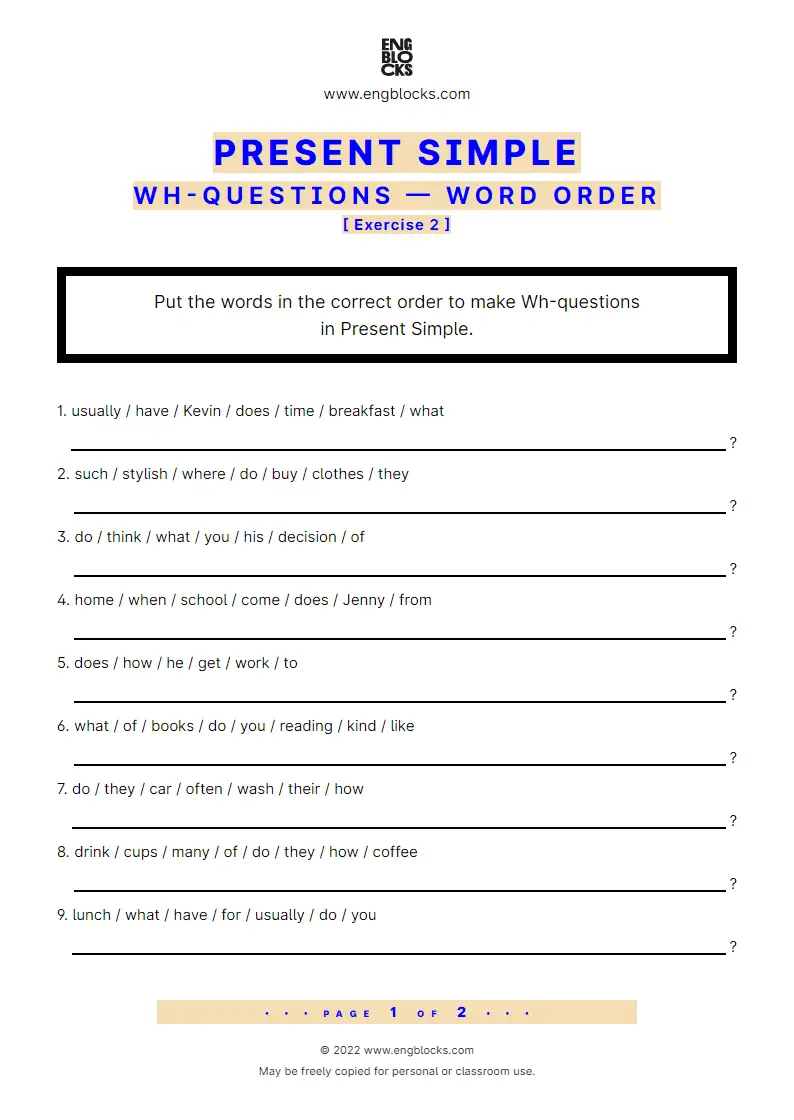 present simple wh question word order worksheet english grammar