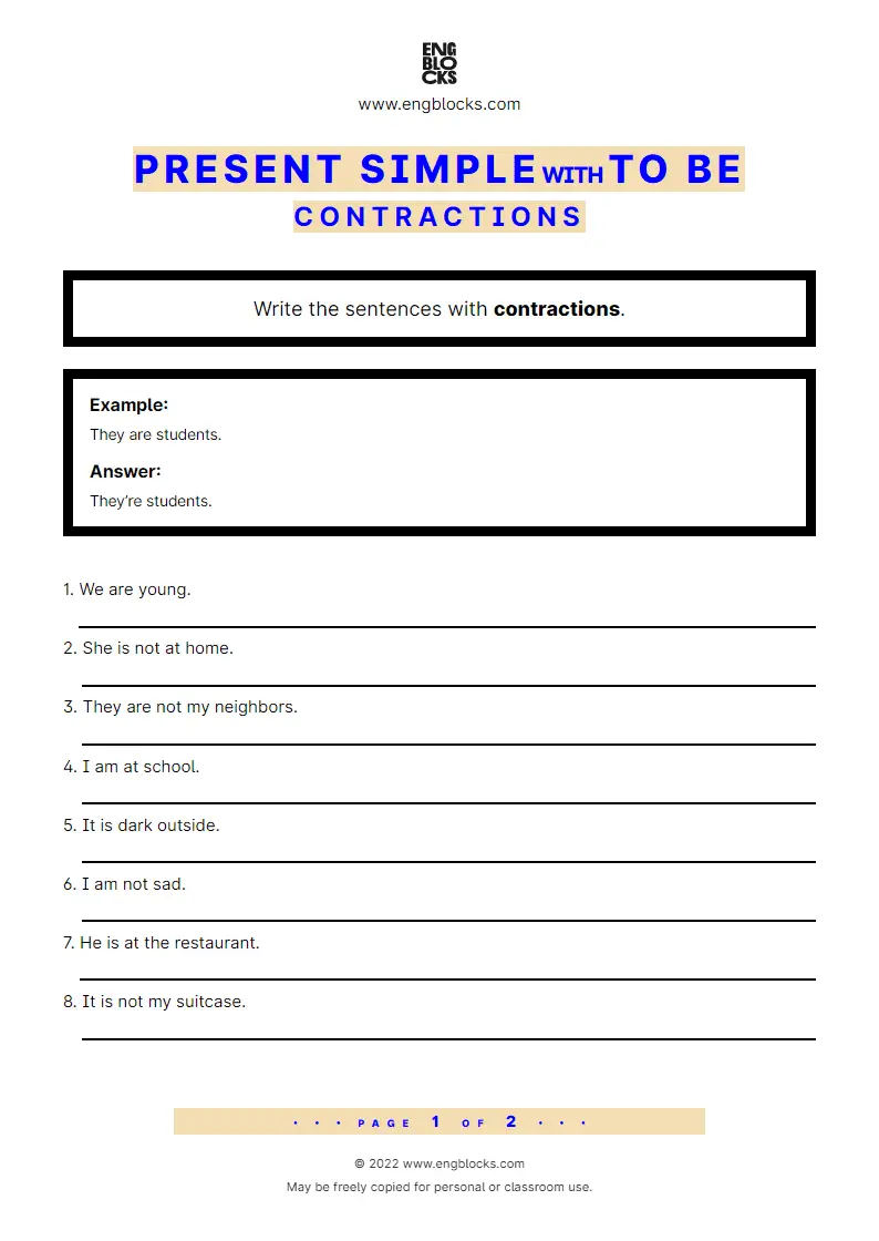 Grammar Worksheet: Present Simple with to be — Contractions