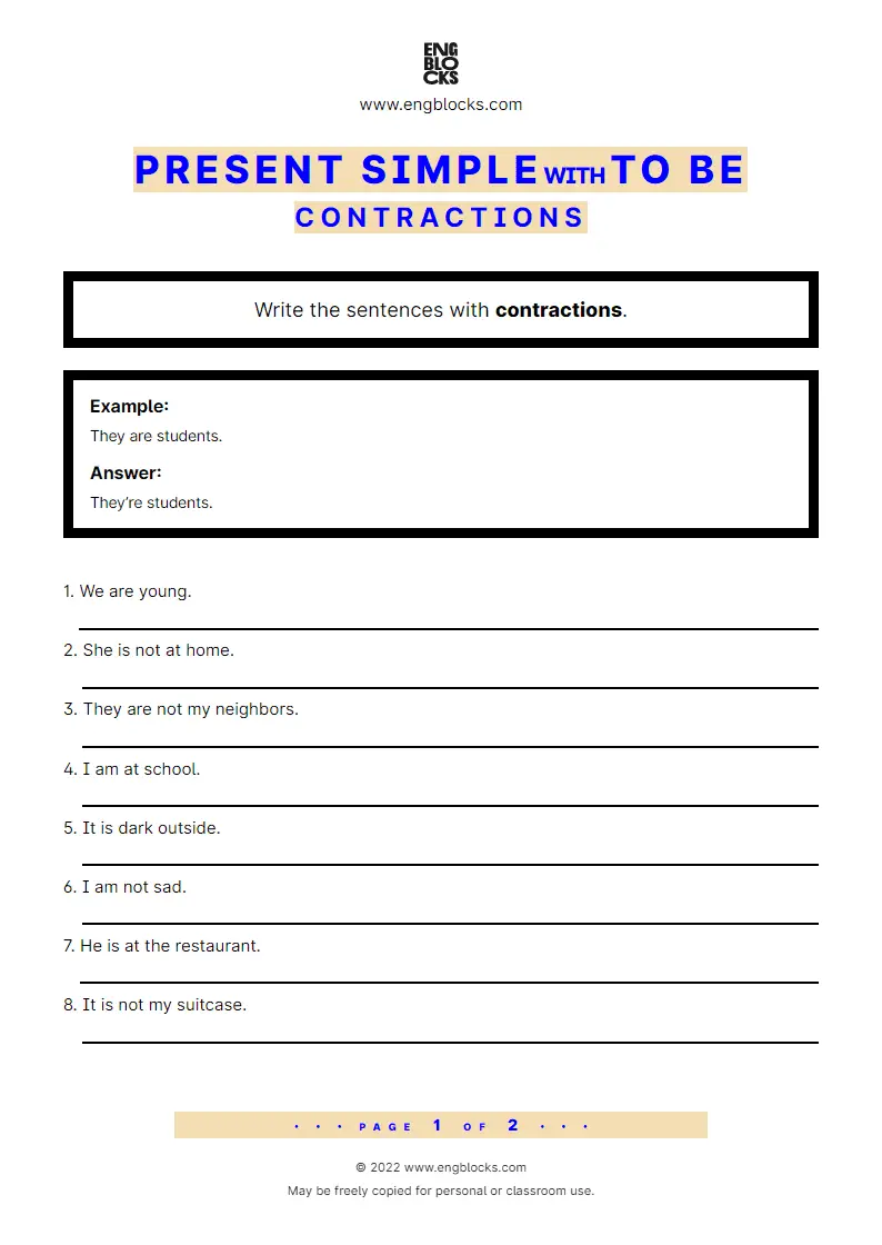 Grammar Worksheet: Present Simple with to be — Contractions