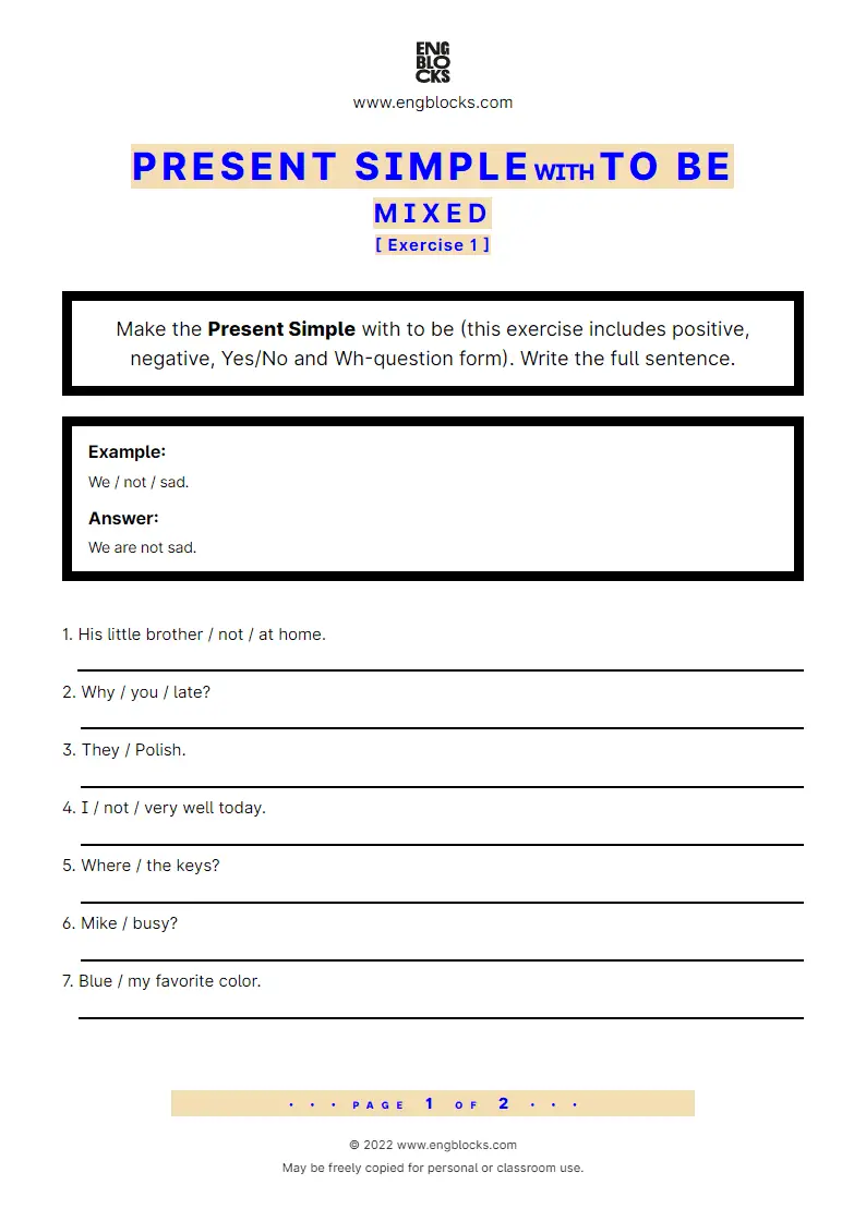 Grammar Worksheet: Present Simple with to be — Mixed — Exercise 1