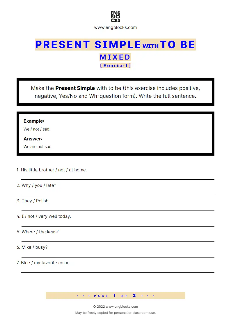 Grammar Worksheet: Present Simple with to be — Mixed — Exercise 1