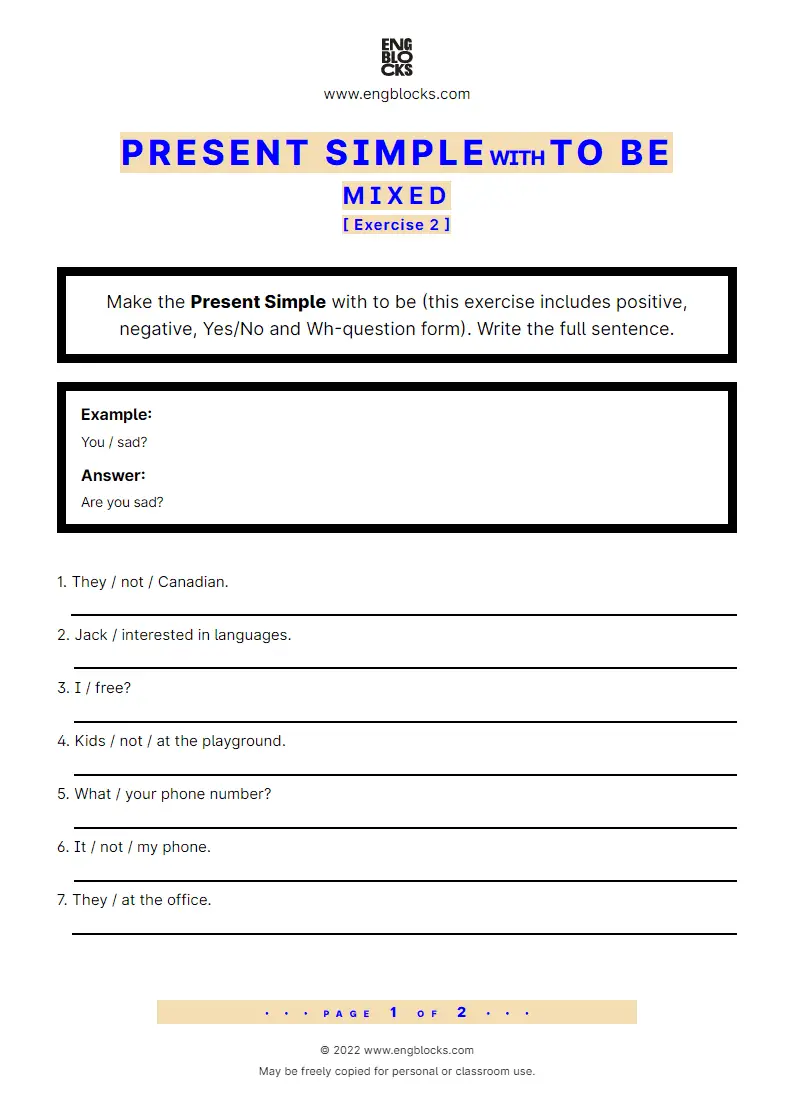 Grammar Worksheet: Present Simple with to be — Mixed — Exercise 2