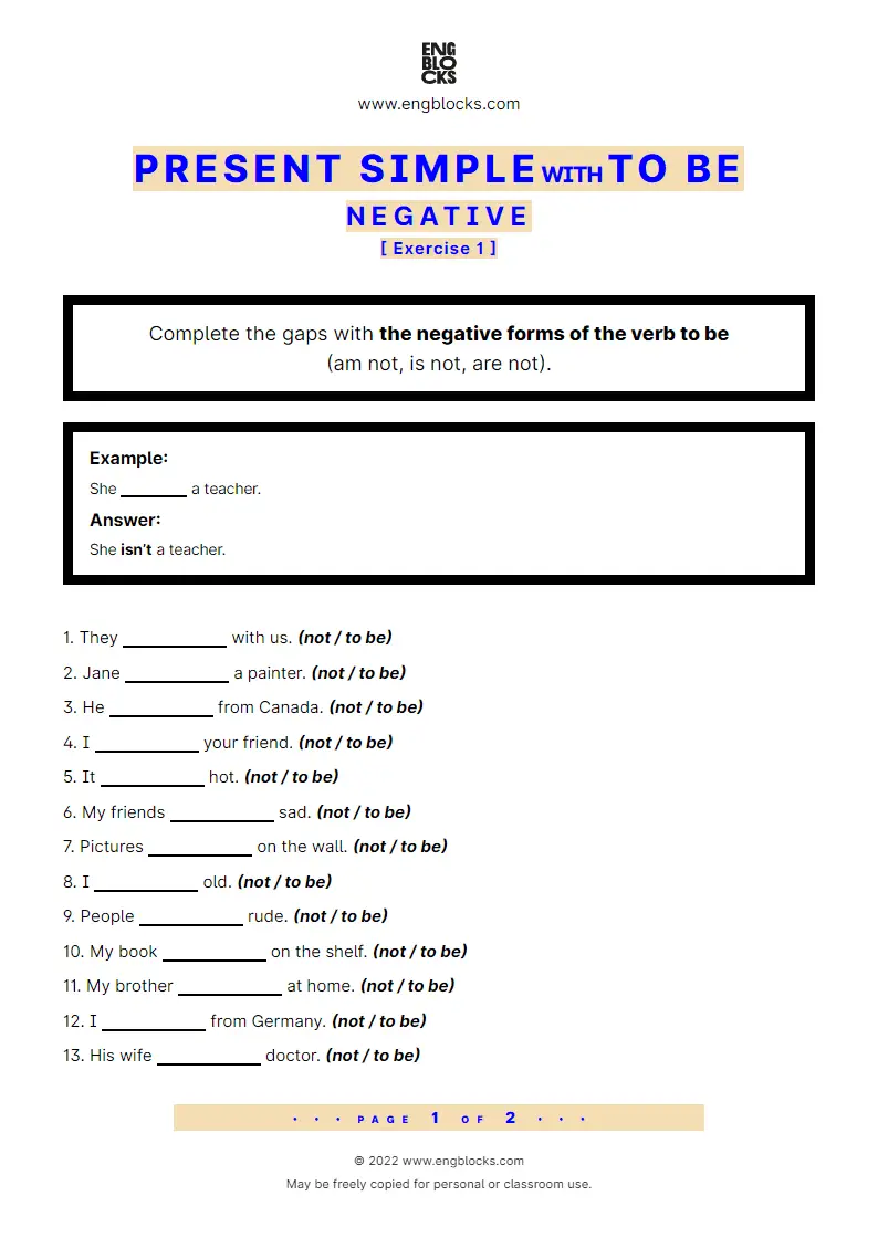 Grammar Worksheet: Present Simple with to be — Negative — Exercise 1