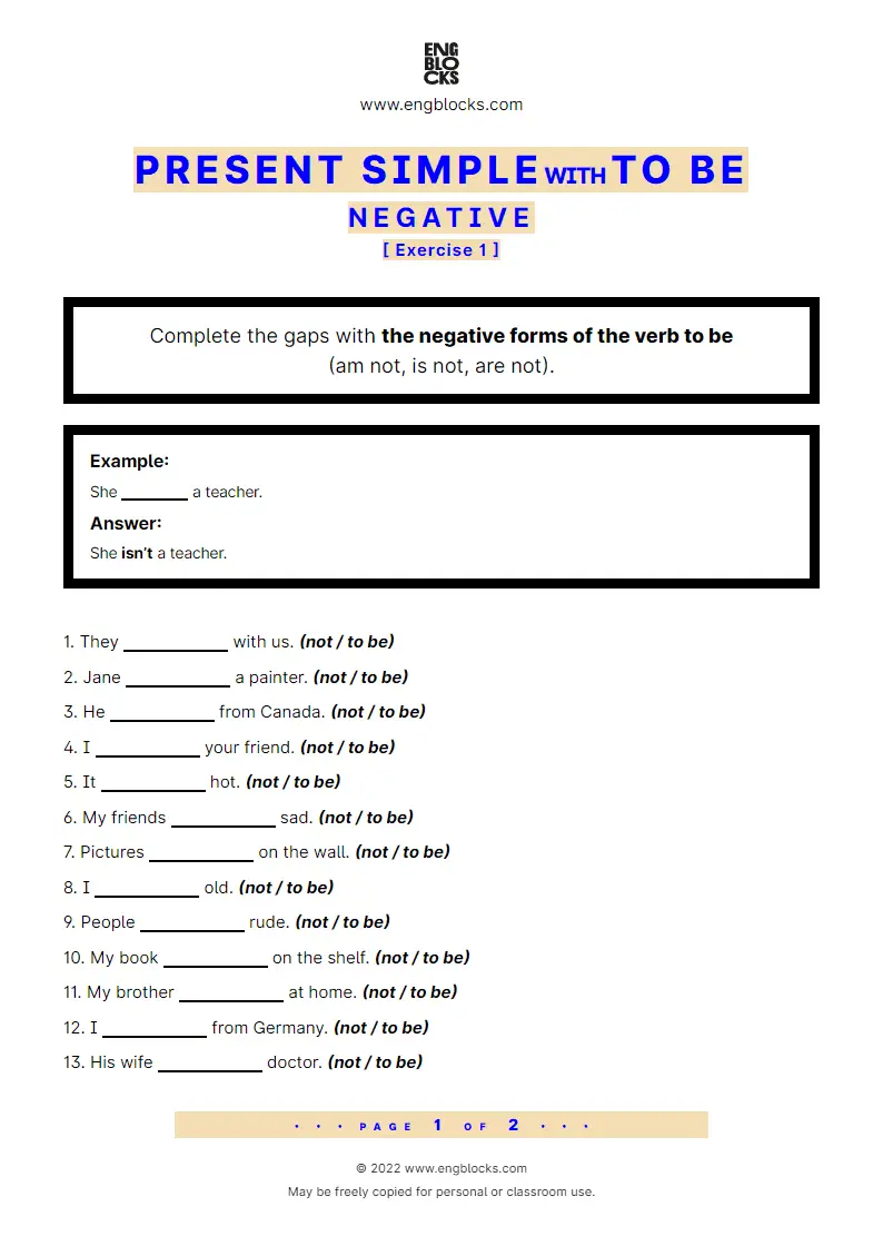 Grammar Worksheet: Present Simple with to be — Negative — Exercise 1