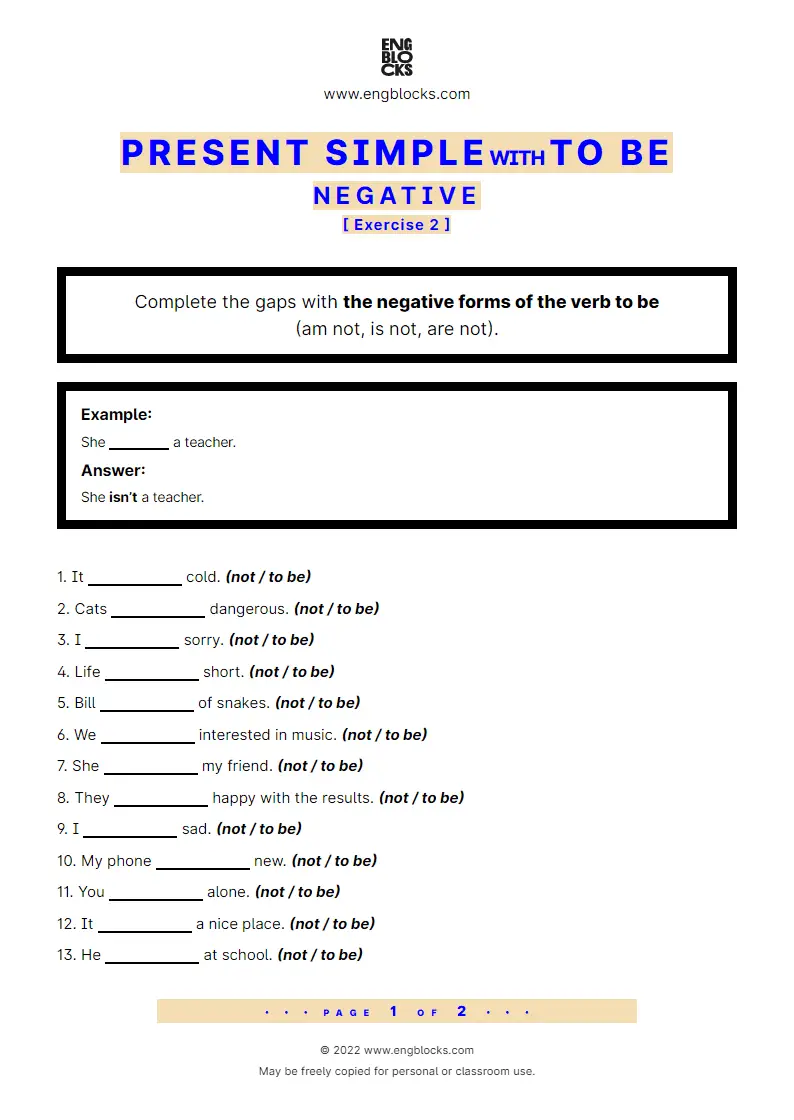 Grammar Worksheet: Present Simple with to be — Negative — Exercise 2