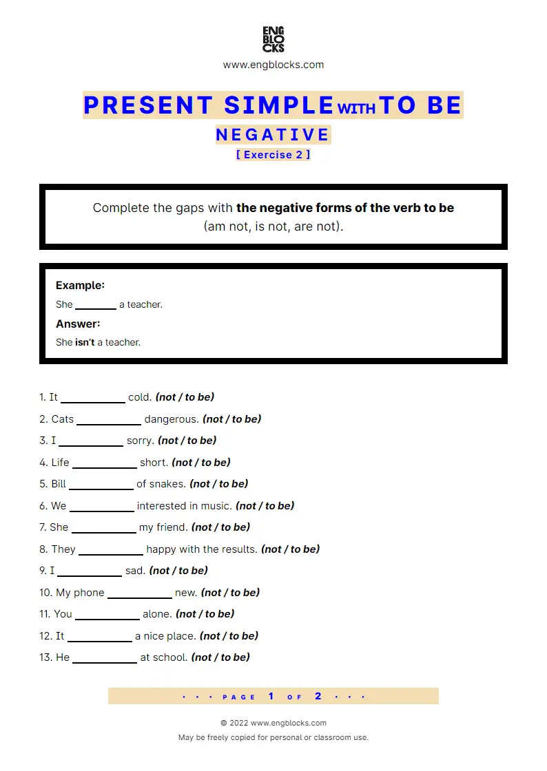 Grammar Worksheet: Present Simple with to be — Negative — Exercise 2