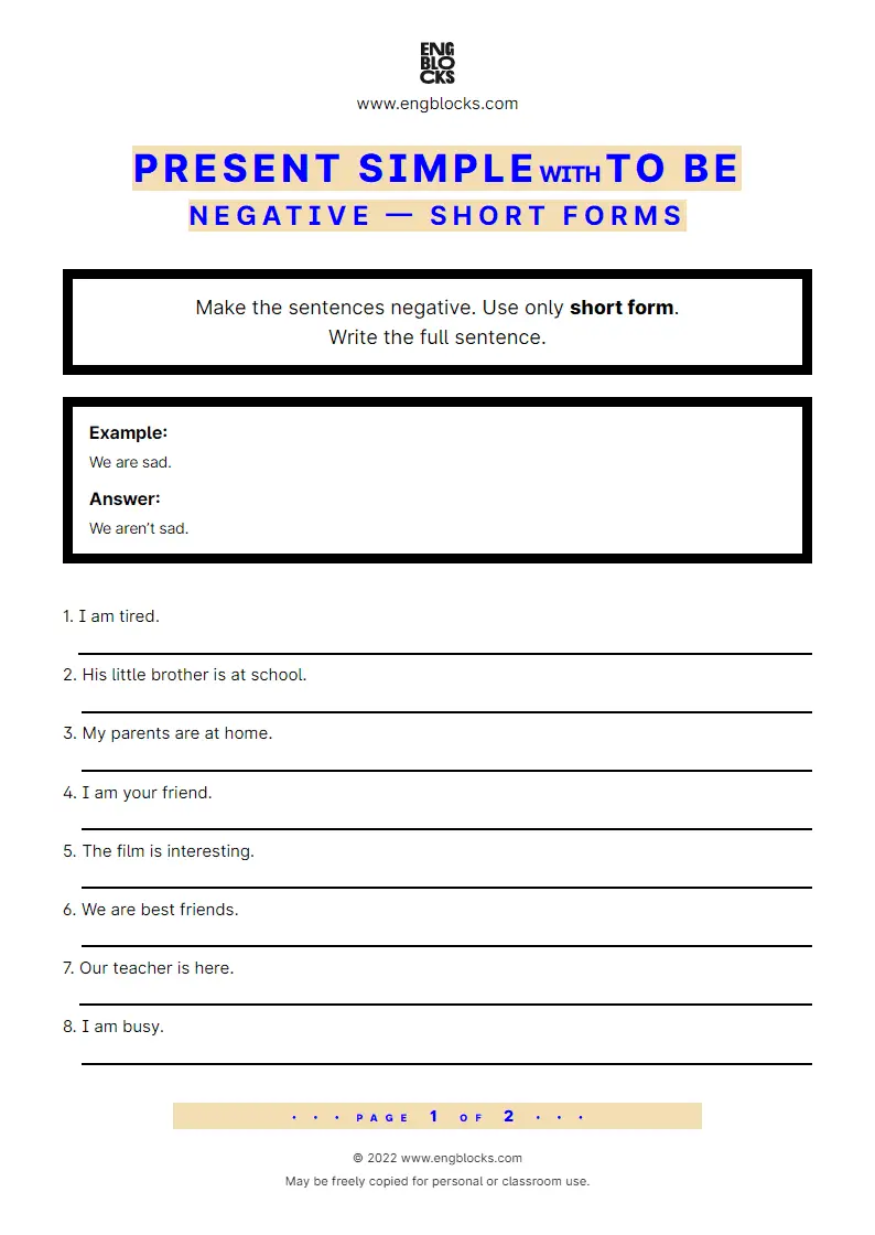 Grammar Worksheet: Present Simple with to be — Negative — Short forms