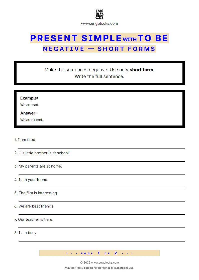 Grammar Worksheet: Present Simple with to be — Negative — Short forms