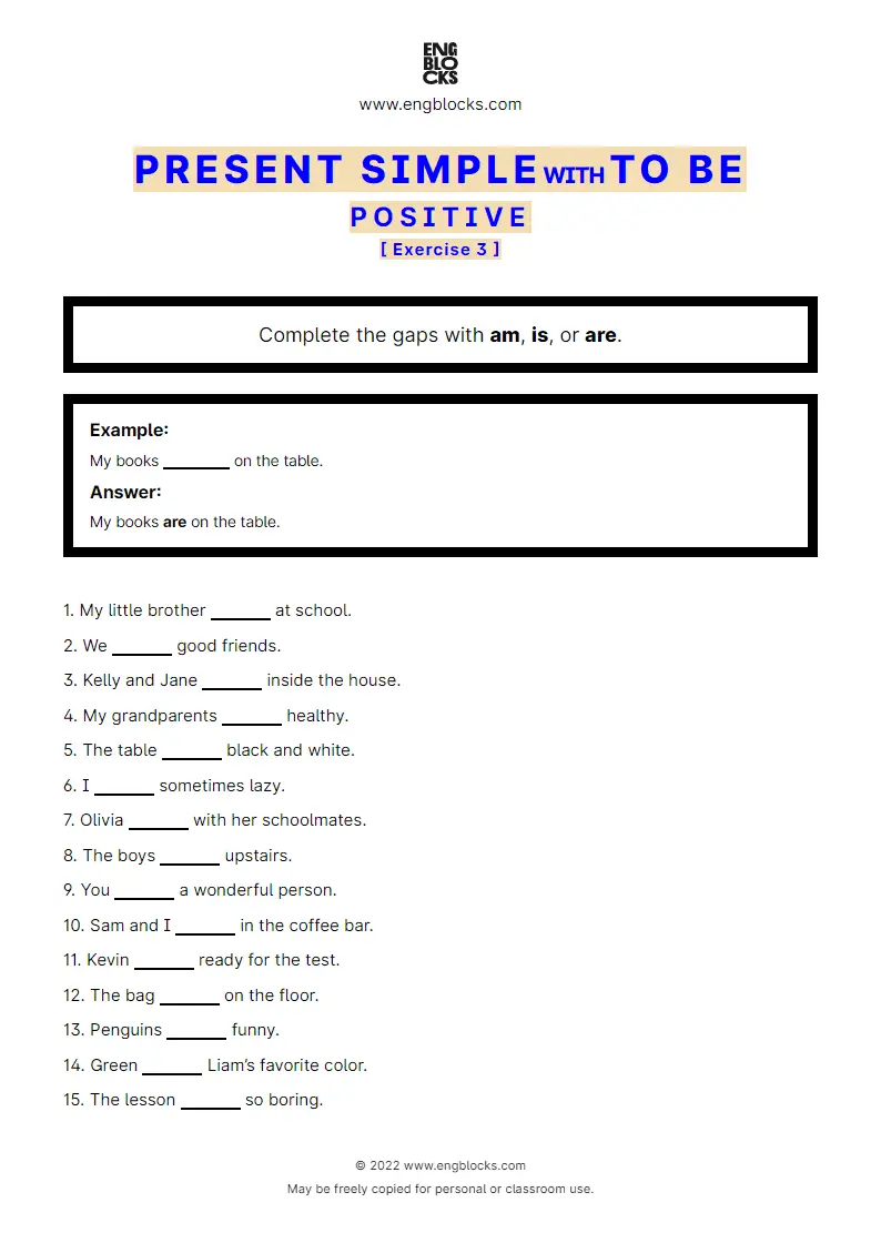 Grammar Worksheet: Present Simple with to be — Positive — Exercise 3
