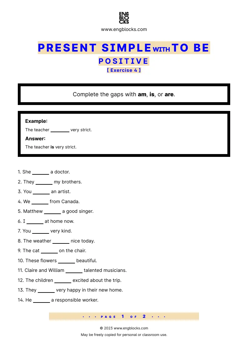 Grammar Worksheet: Present Simple with to be — Positive — Exercise 4