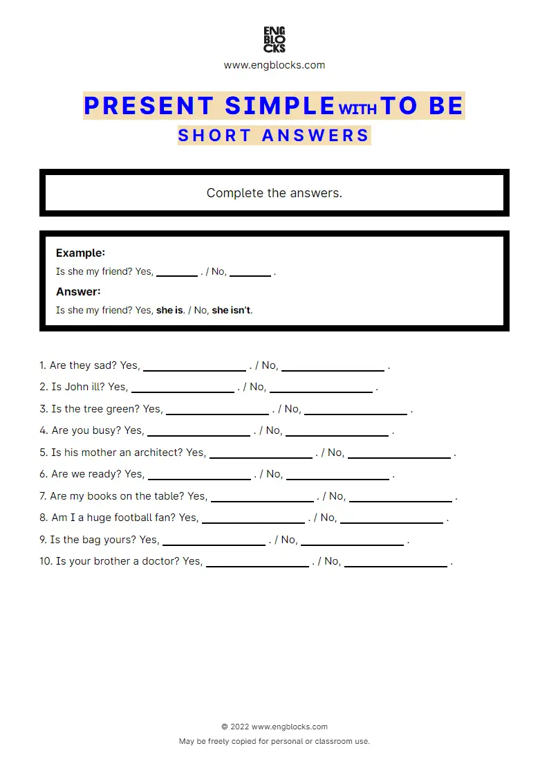 Grammar Worksheet: Present Simple with to be — Short answers