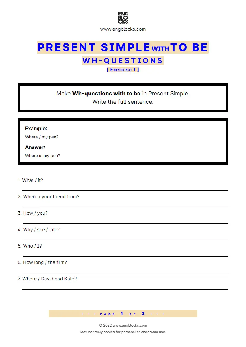 Grammar Worksheet: Present Simple with to be — Wh-questions — Exercise 1