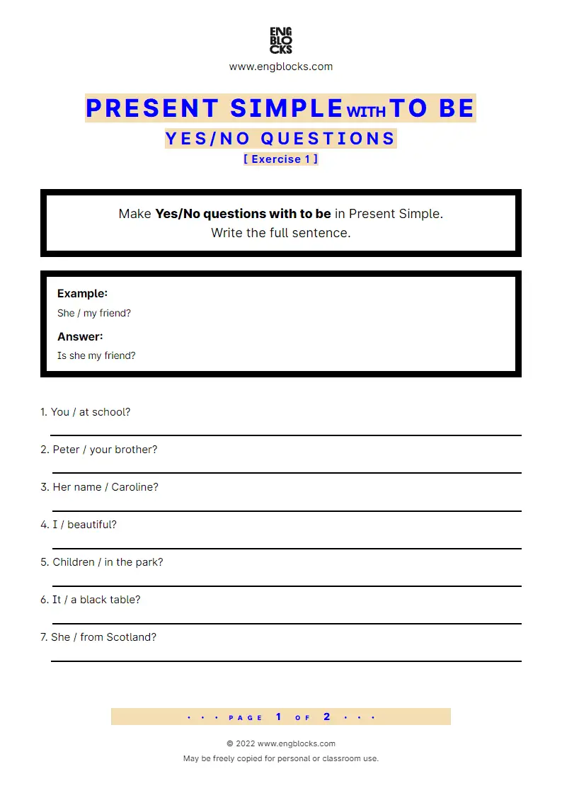 Grammar Worksheet: Present Simple with to be — Yes/‌No question — Exercise 1