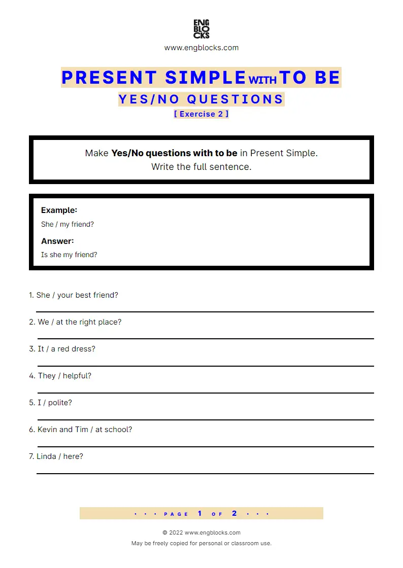 Grammar Worksheet: Present Simple with to be — Yes/‌No question — Exercise 2