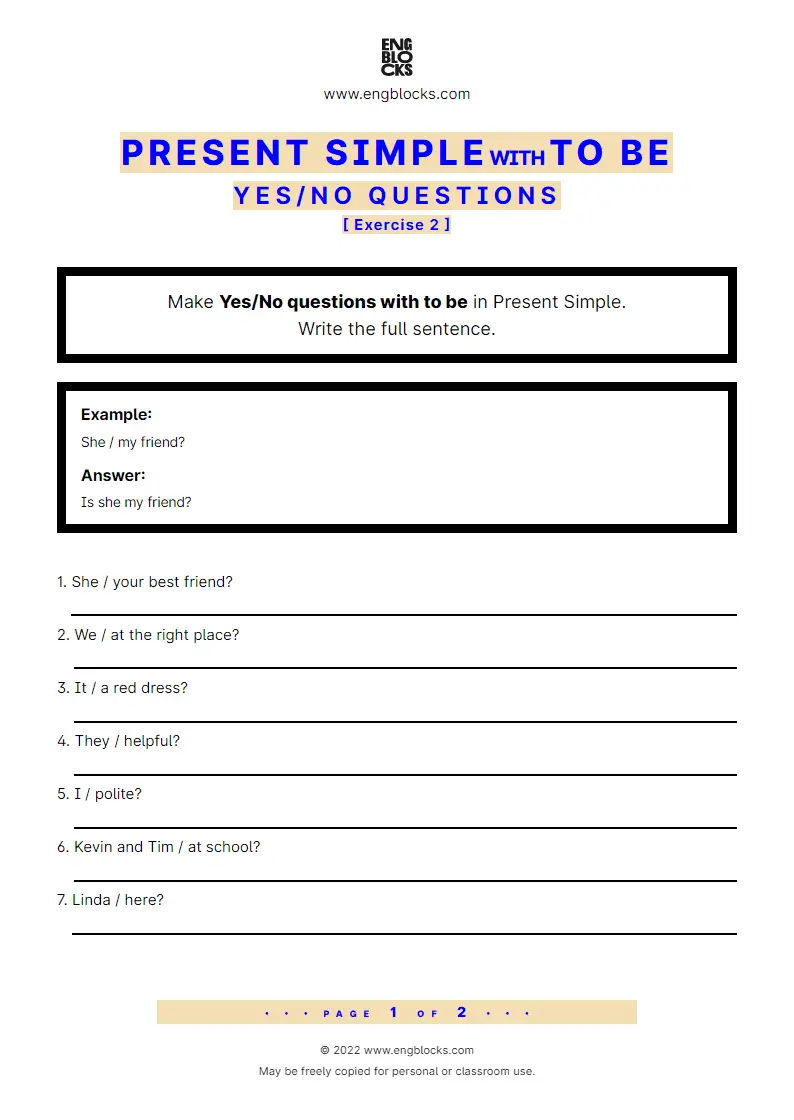 Grammar Worksheet: Present Simple with to be — Yes/‌No question — Exercise 2