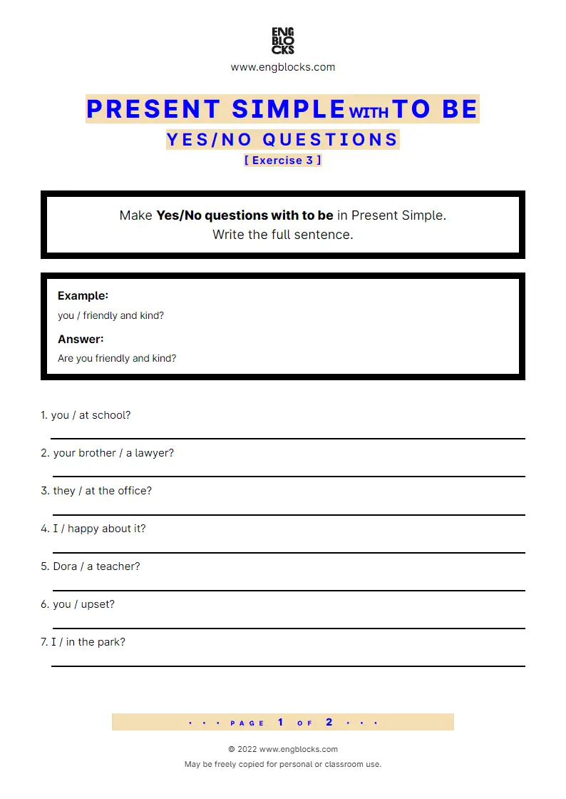 Grammar Worksheet: Present Simple with to be — Yes/‌No question — Exercise 3