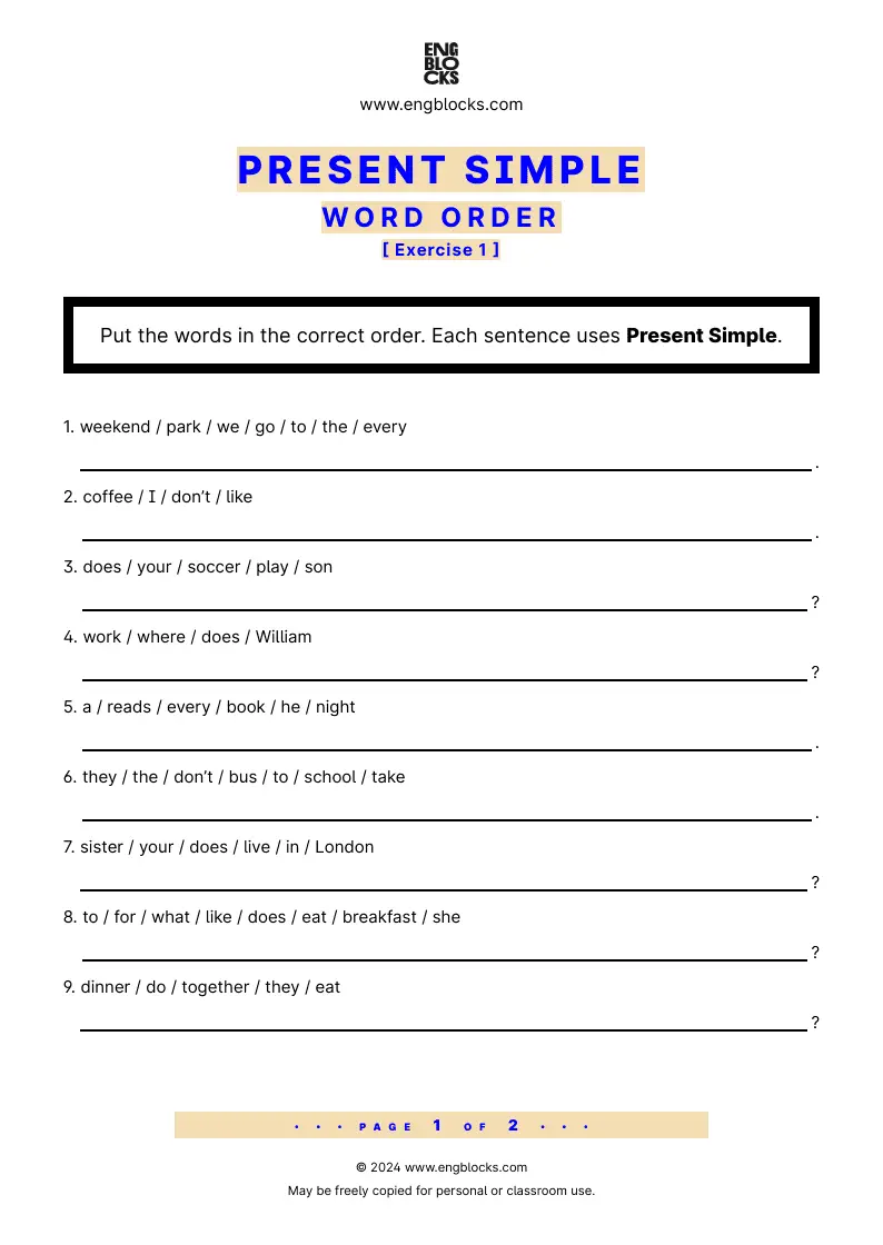 Grammar Worksheet: Present Simple Word Order — Exercise 1