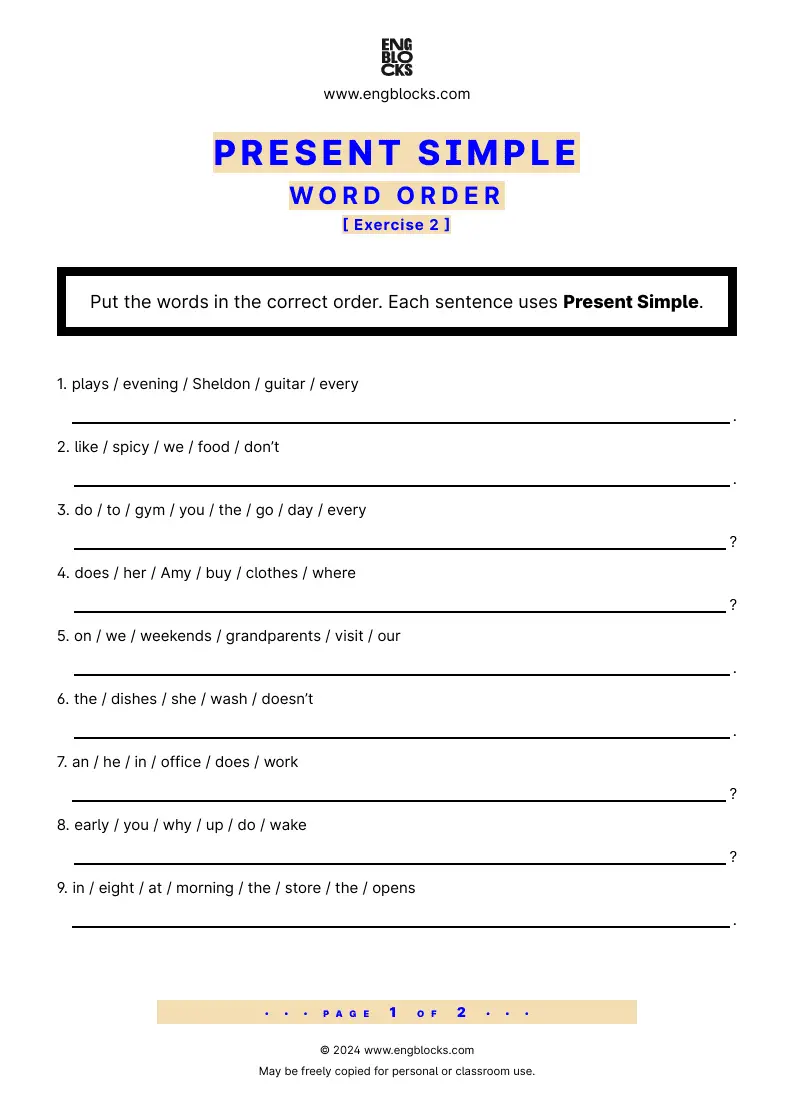 Grammar Worksheet: Present Simple Word Order — Exercise 2