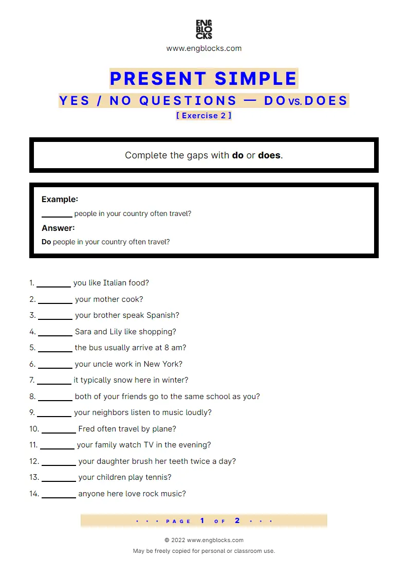 Grammar Worksheet: Present Simple — Yes/‌No question — do vs. does — Exercise 2