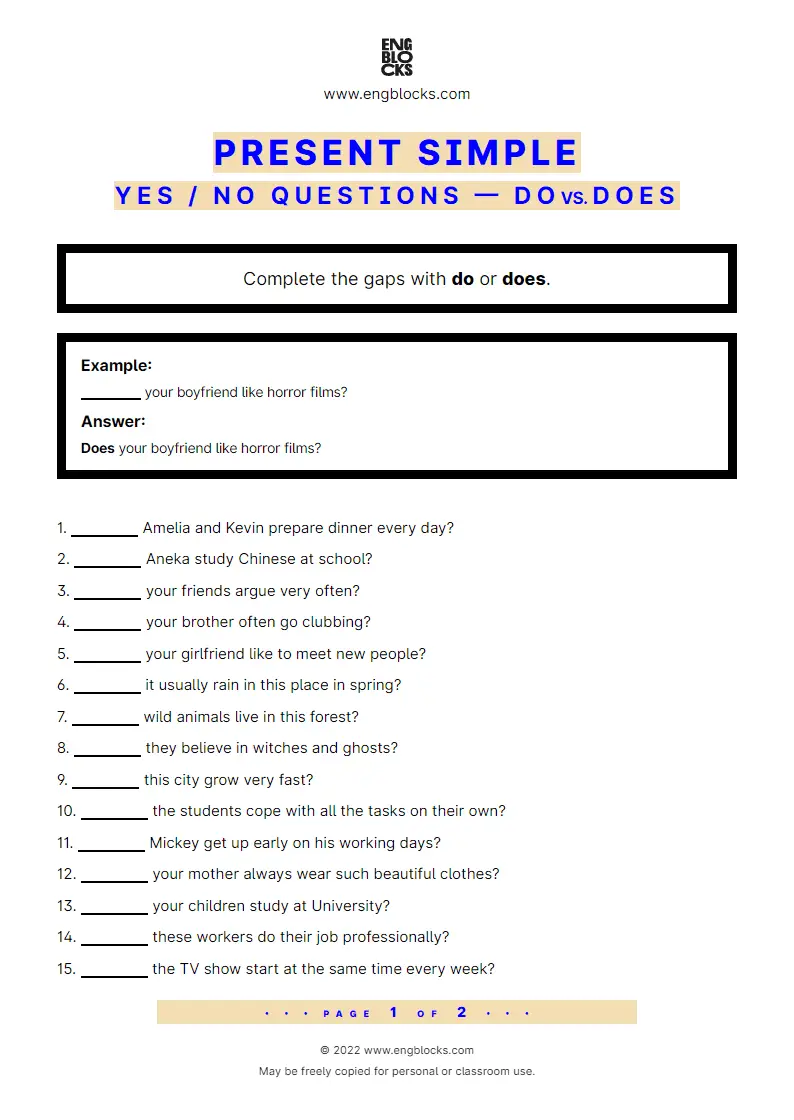 Grammar Worksheet: Present Simple — Yes/‌No question — do vs. does