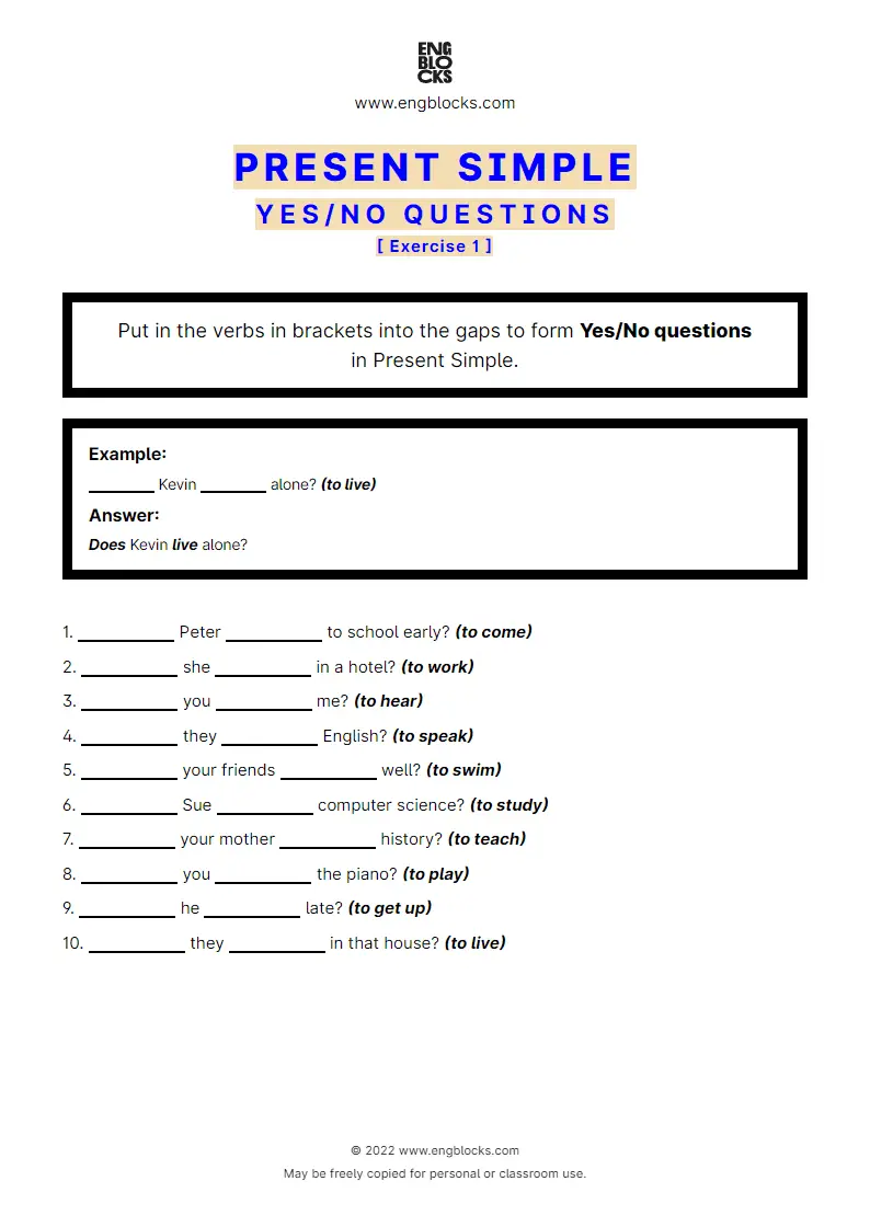 Grammar Worksheet: Present Simple — Yes/‌No question — Exercise 1