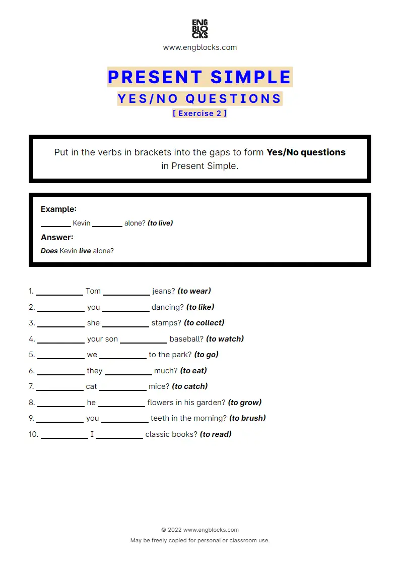 Grammar Worksheet: Present Simple — Yes/‌No question — Exercise 2