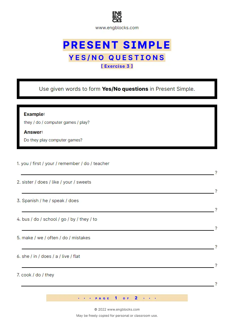 Grammar Worksheet: Present Simple — Yes/‌No question — Exercise 3
