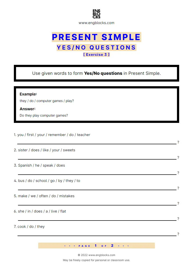 Grammar Worksheet: Present Simple — Yes/‌No question — Exercise 3