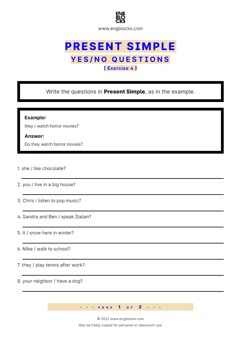 Grammar Worksheet: Present Simple — Yes/‌No question — Exercise 4