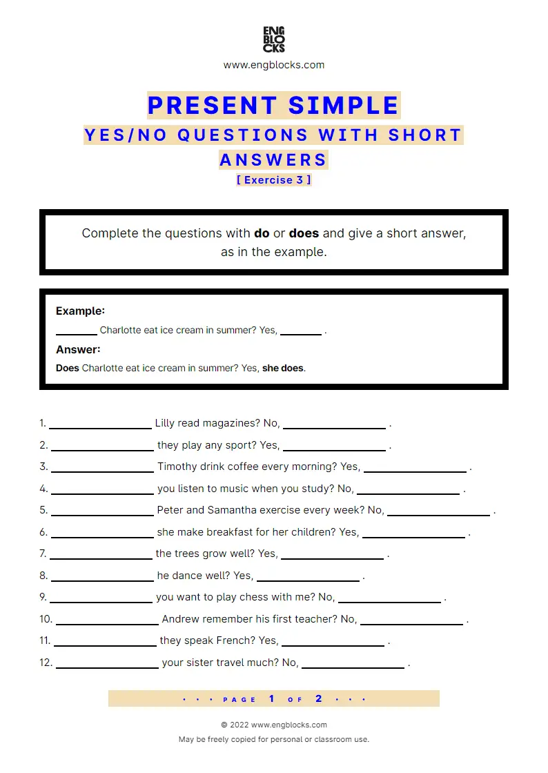 Grammar Worksheet: Present Simple — Yes/‌No question with short answer — Exercise 3