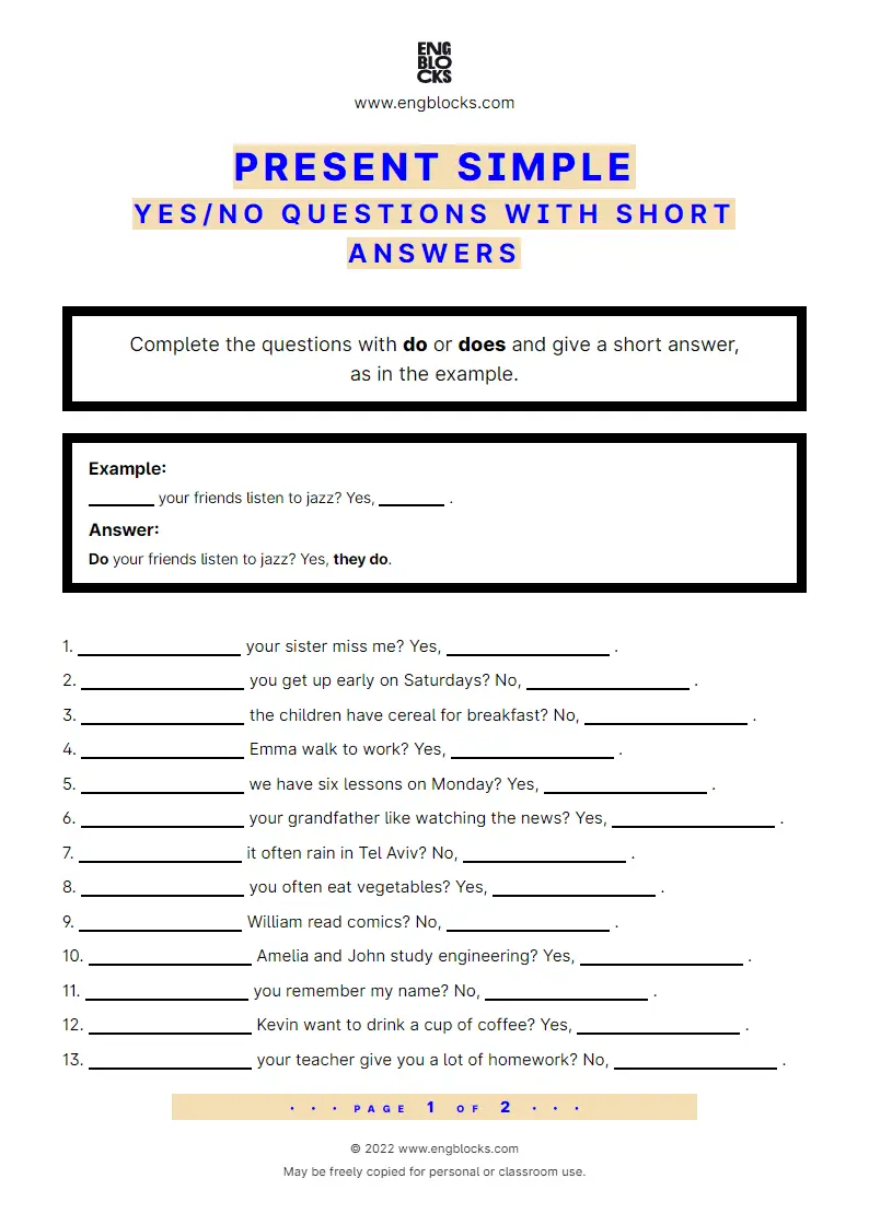 Grammar Worksheet: Present Simple — Yes/‌No question with short answer