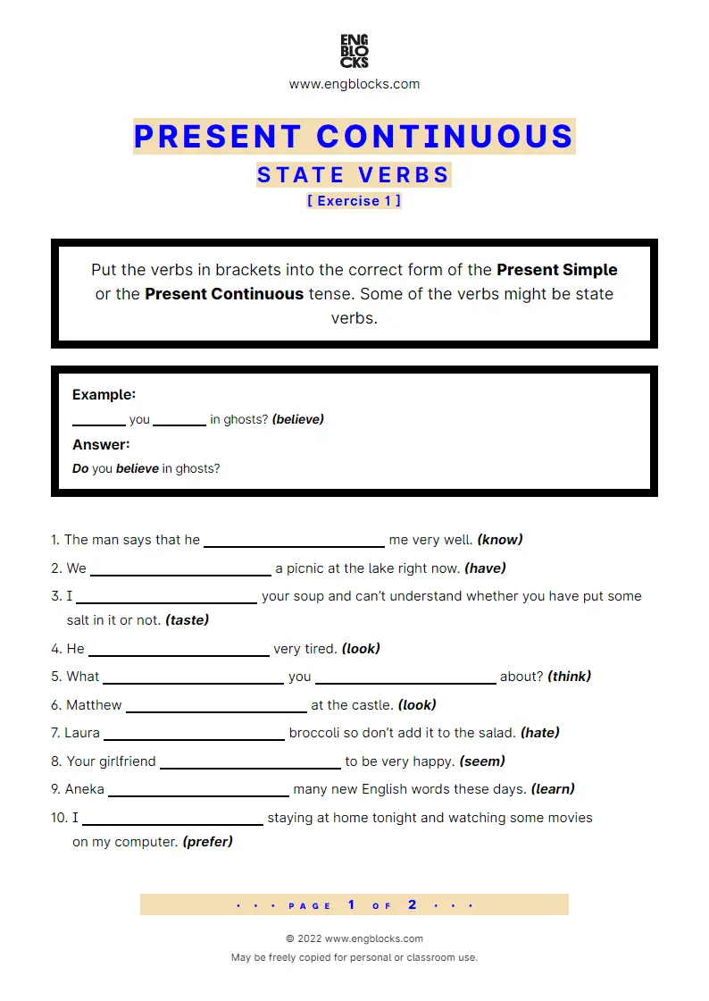 Grammar Worksheet: State vs. Action Verbs — Exercise 1