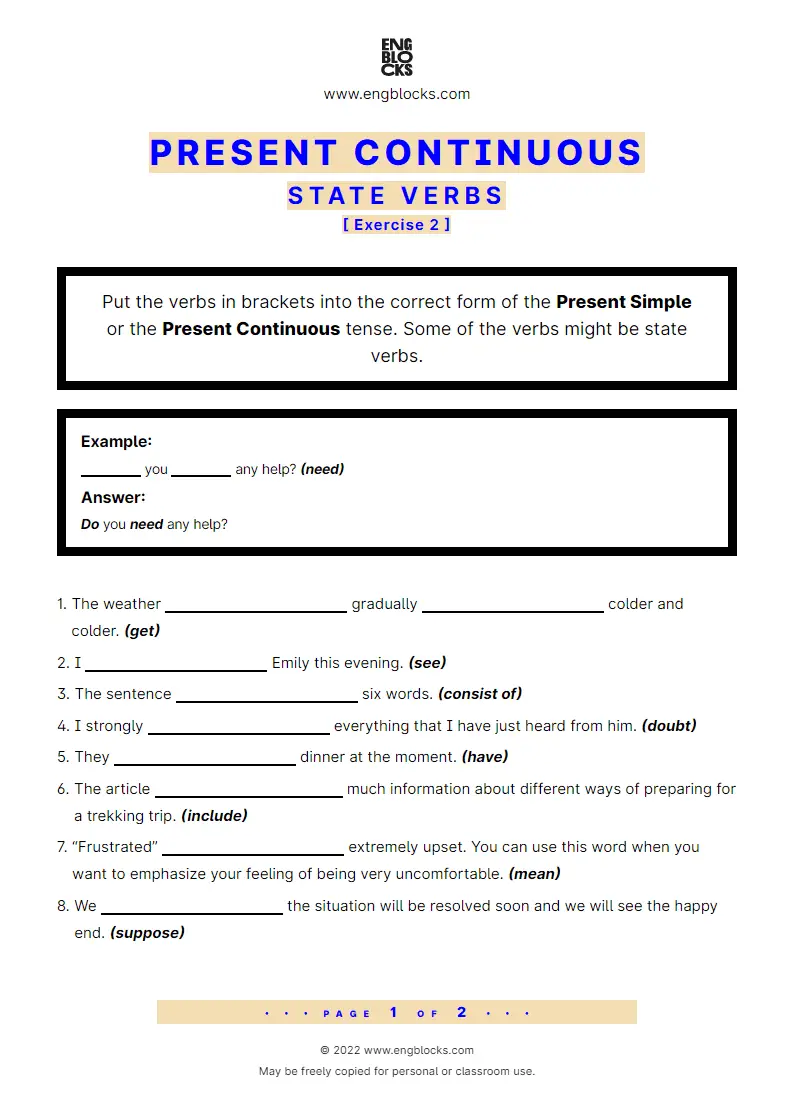 Grammar Worksheet: State vs. Action Vebrs — Exercise 2