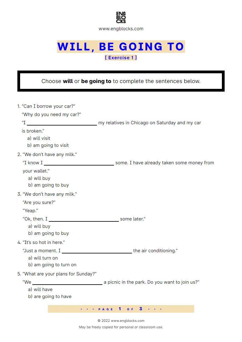 Grammar Worksheet: Will, be going to — Exercise 1