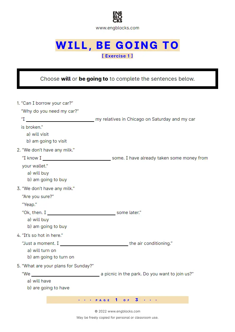 Grammar Worksheet: Will, be going to — Exercise 1