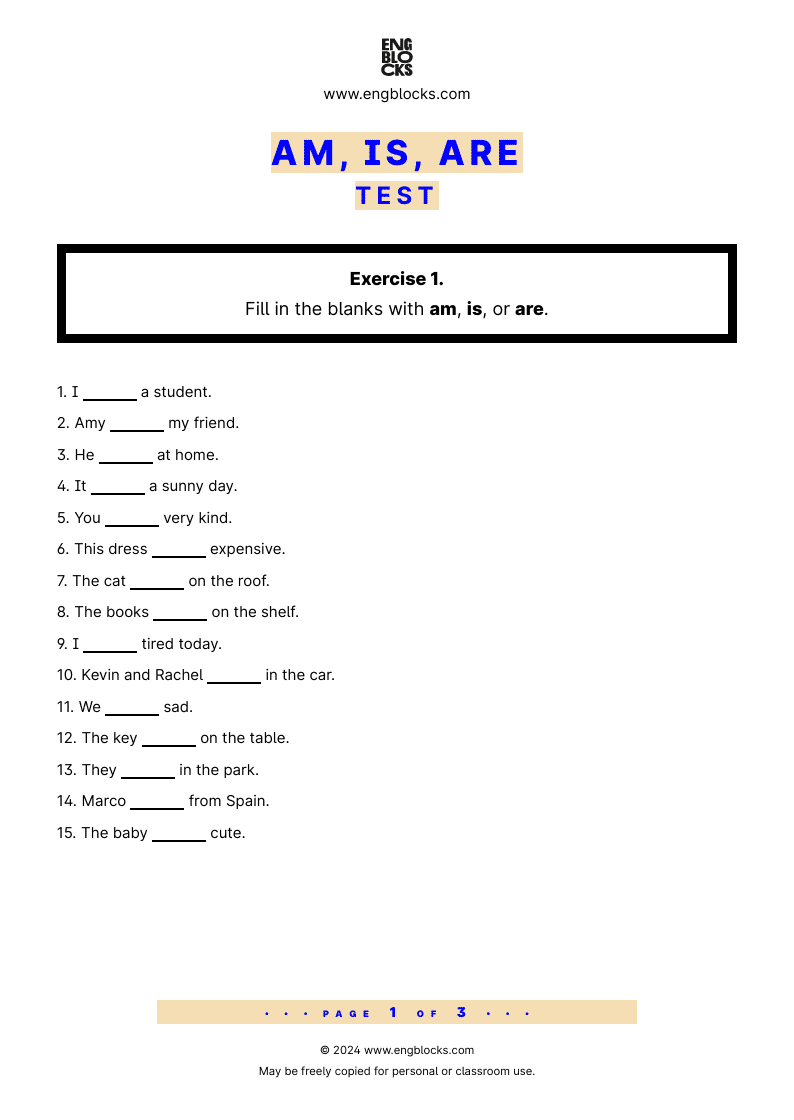 Grammar Test Worksheet: Am, Is, Are Test Worksheet