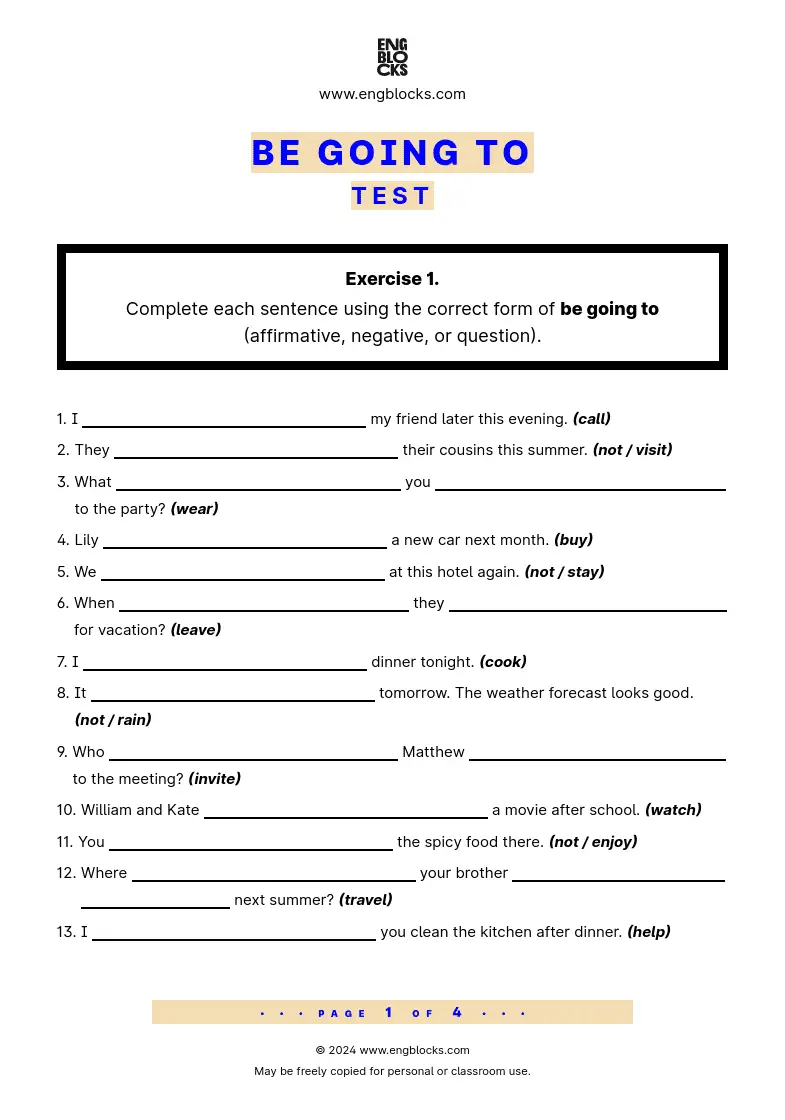 Grammar Test Worksheet: Be going to Test
