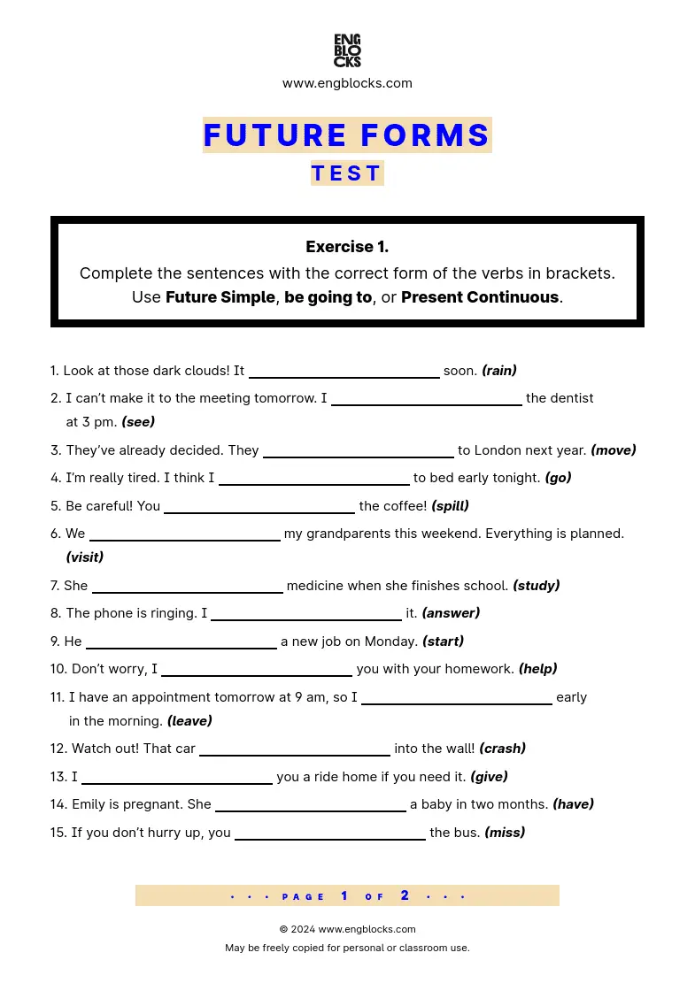 Grammar Test Worksheet: Future Forms Test PDF