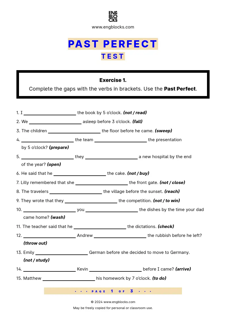 Grammar Test Worksheet: Past Perfect Test PDF