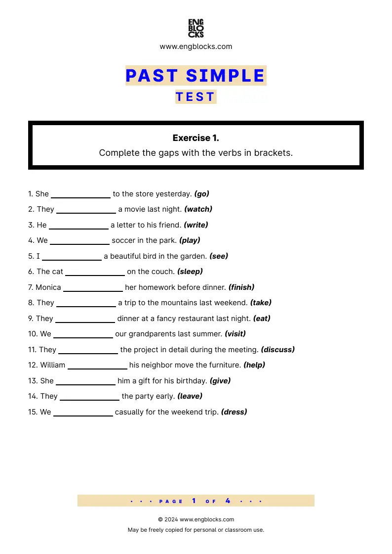 Grammar Test Worksheet: Past Simple Test Worksheet