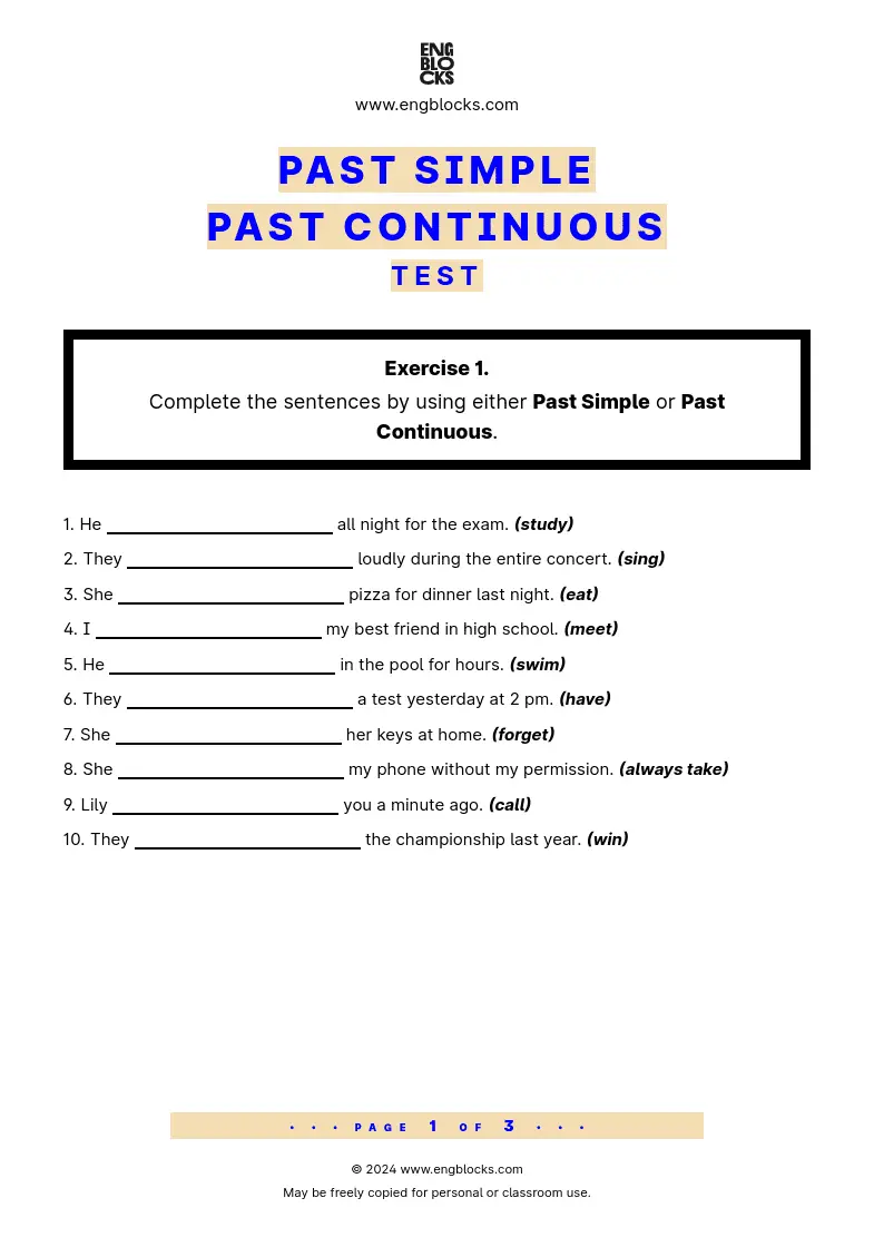 Grammar Test Worksheet: Past Simple vs. Past Continuous Test PDF