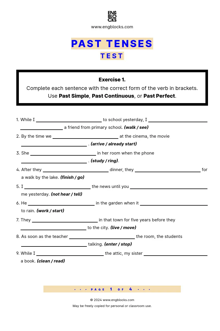 Grammar Test Worksheet: Past tenses Test PDF