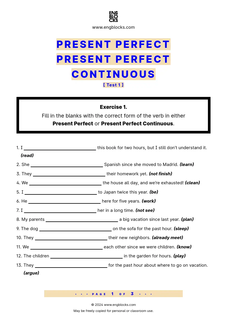 Grammar Test Worksheet: Present Perfect and Present Perfect Continuous Test PDF