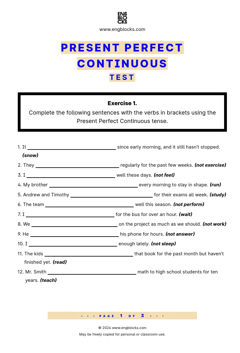 Grammar Test Worksheet: Present Perfect Continuous Test PDF